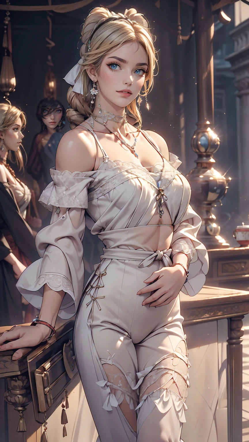 (8K, RAW Photos, highest quality, masterpiece:1.2), (Realistic, photo-Realistic:1.37)、Earrings, eyelash, pantyhose、セクシーな刺激的なsmile、 (Shiny skin:1.05)、Fashion model body type、Having her hair done、My chest is popping out、Wear accessories on your wrist、Wearing accessories on the ankle、Background blur((depth of field)、smile、White woman、Platinum Blonde、blue eyes、Vertical roll on one side((side drill))、Wear a lace-embellished off-the-shoulder top、Lower milk visible、I can see my belly button、Wear low rise leggings、Wear mules、smile、hair band((hair ribbon))、Wear a lace choker