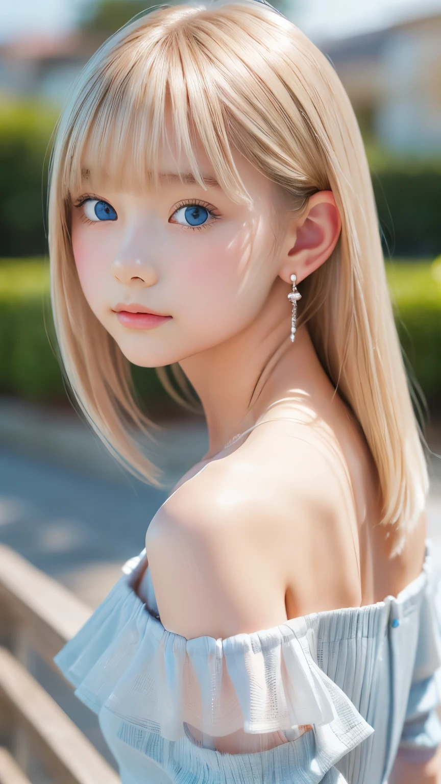 ((sfw: 1.4)), (( detailed face, cute face, detailed face,  professional photography)), ((from back)), (( off-the-shoulder top)), (( Shiny platinum blonde silk hair, beautiful shiny bangs, big clear sky blue eyes, very beautiful bright eye highlights, earrings, 1 Girl)), Ultra High Resolution, (Realistic: 1.4), RAW Photo, Best Quality, (Photorealistic Stick), Focus, Soft Light, ((15 years old)), (( (young face))), (surface), (depth of field), masterpiece, (realistic), woman, bangs, ((1 girl))