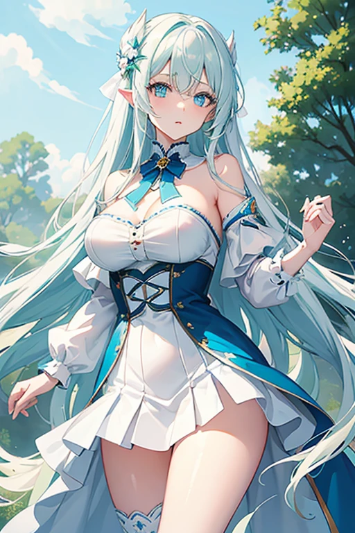 Long white hair that hangs softly on her chest, blue-green eyes, big breasts, and a white short skirt. Her eyes are flowing and cold as she looks at the camera. The beautiful school beauty sparkles with half her body and a perfect girl group face. There are blue flowers and blue sky in the background.