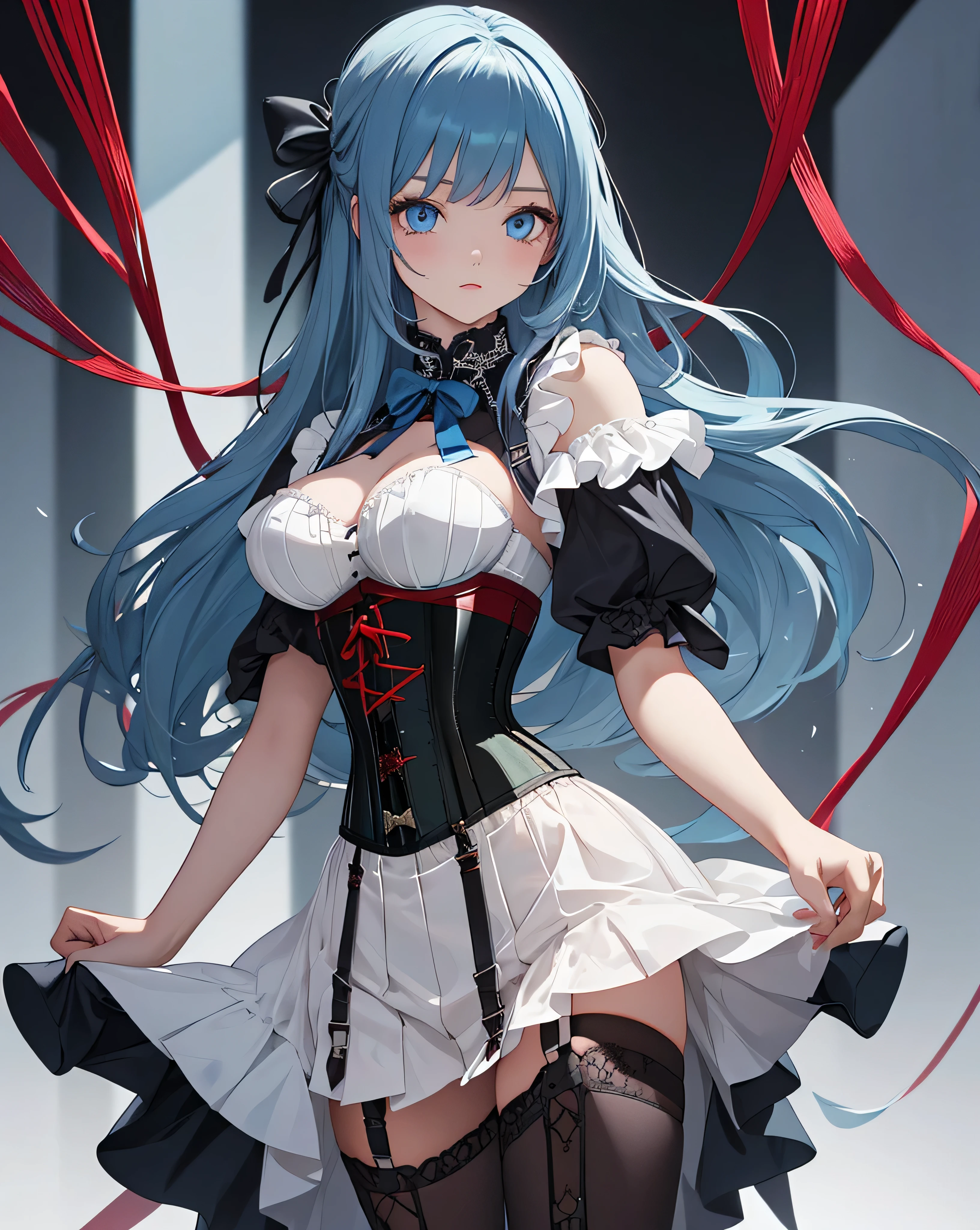 perfect artwork, long hair woman, blue eyes, blue hair, (red corset:1.4), (corset strings are black:1.4), see-through gothic dress, platform boots, background is white,