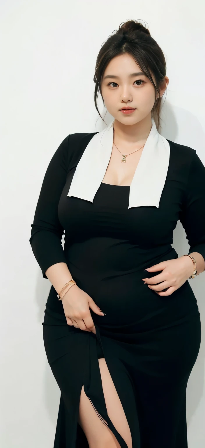 realisitic、Curvaceous woman in long hijab standing alone, Woman in black business suit with hijab, with a business suit on, businesswoman, Woman in business suit with hijab , Wearing a white collar shirt under a suit、thick skirt、tight skirts、Girl in a suit, female in tight office dress, , Girl in suit, young business woman, in a business suit, business outfit, Wear a suit、Office Suits、、professional photograpy、Does not expose the skin, Japanese Models,、,The skin is not exposed、fleshy body, large boob、 hard 、、big butts、Big belly、thick waist、Body without tone、thick thight、thick arms、Round face、Fat face、chubby cheeks、Sauce order、big eye、A dark-haired、short-haired、Standing facing the front、Left hand pose on the hip、Right hand is down in a pose、Straight back posture、Sun background、chinese-Indonesian woman , full body , bracelet , necklace , , short hairstyle , fat belly , thick hips , dark room , baby face , chubby cheeks , black room , wearing sneakers