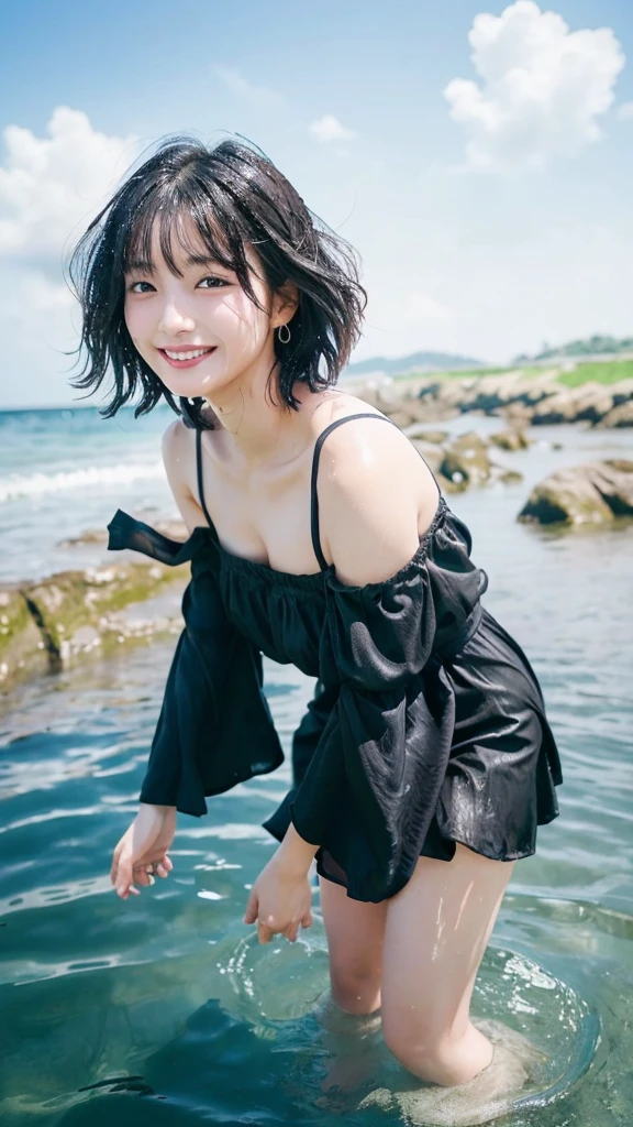 (highest quality,masterpiece:1.3,ultra high resolution),(Super detailed,caustics,8k),(photorealistic:1.4,RAW shooting),[lora:siitake-eye:0.5],Japanese,24-years-old,cute,hunched posture,submerge both hands in water,Frolic with the water,(Smiling and looking at the camera),(Black hair fluttering in the wind:1.1),short hair,natural makeup,(big ),(wet off shoulder dress),(low position),(low angle full body shot),beach,Strong sunshine in summer,Natural light,professional writing