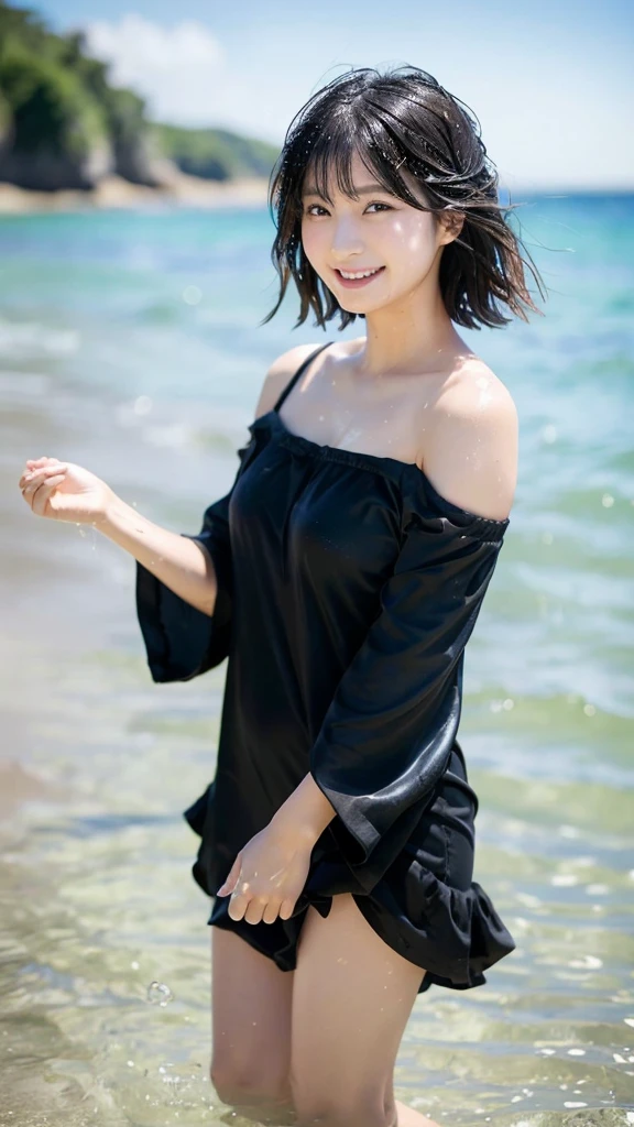 (highest quality,masterpiece:1.3,ultra high resolution),(Super detailed,caustics,8k),(photorealistic:1.4,RAW shooting),[lora:siitake-eye:0.5],Japanese,24-years-old,cute,hunched posture,submerge both hands in water,Frolic with the water,(Smiling and looking at the camera),(Black hair fluttering in the wind:1.1),short hair,natural makeup,(big ),(wet off shoulder dress),(low position),(low angle full body shot),beach,Strong sunshine in summer,Natural light,professional writing