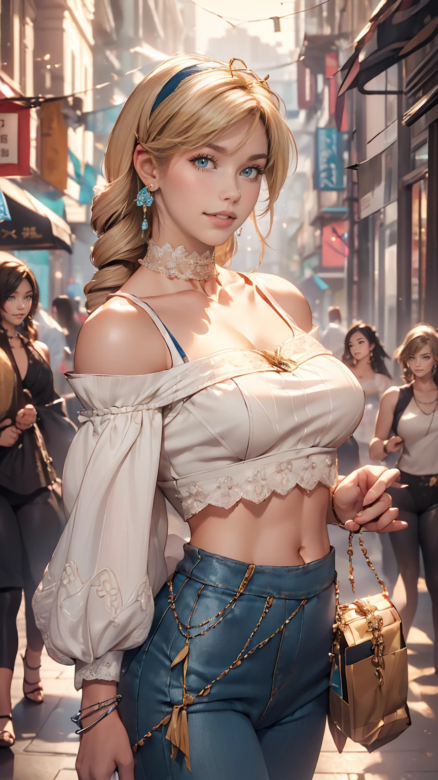 (8K, RAW Photos, highest quality, masterpiece:1.2), (Realistic, photo-Realistic:1.37)、Earrings, eyelash, pantyhose、セクシーな刺激的なsmile、 (Shiny skin:1.05)、Fashion model body type、Having her hair done、My chest is popping out、Wear accessories on your wrist、Wearing accessories on the ankle、Background blur((depth of field)、smile、White woman、Platinum Blonde、blue eyes、Vertical roll on one side((side drill))、Wear a lace-embellished off-the-shoulder top、Lower milk visible、I can see my belly button、Wear low rise leggings、Wear mules、smile、hair band((hair ribbon))、Wear a lace choker