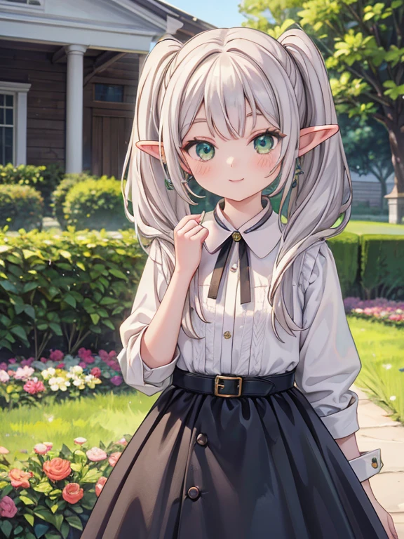 masterpiece, highest quality, Very detailed, 16k, Ultra-high resolution, Cowboy Shot, Detailed face, Perfect Fingers, 14-year-old girl, smile, Western-style building, garden, elf, grey hair,earrings,pointy ears,long hair,ponytail,green eyes,twintails