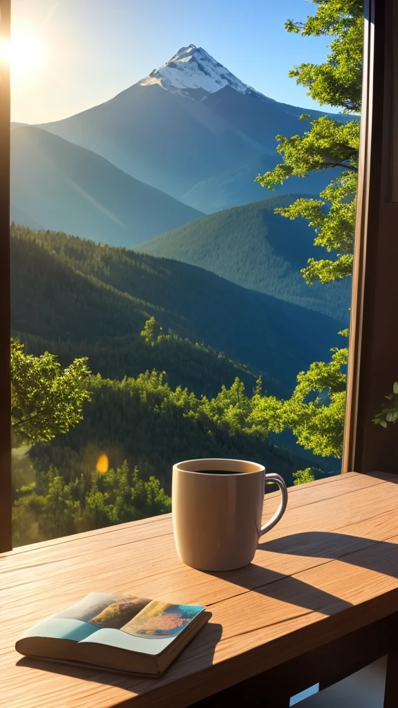 Bible, window, A mug of coffee on the table, Sunrise, beautiful summer weather, Mountain View