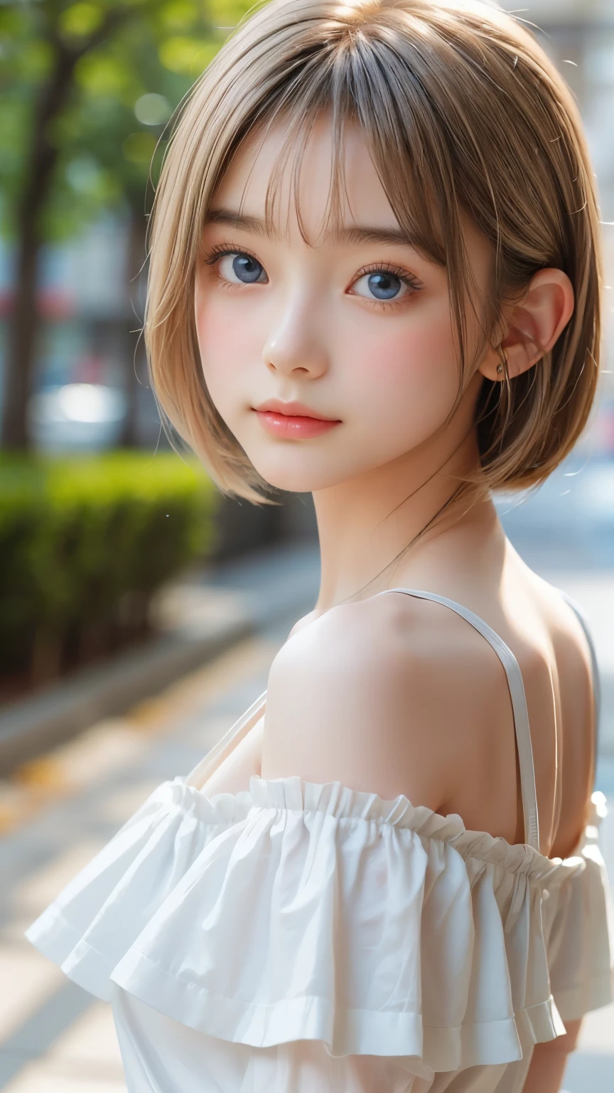 ((sfw: 1.4)), (( detailed face, cute face, detailed face,  professional photography)), ((from back)), (( off-the-shoulder top)), (( Shiny platinum blonde silk hair, beautiful shiny bangs, big clear sky blue eyes, very beautiful bright eye highlights, , extra short hair, sidelocks-hair, earrings, 1 Girl)), Ultra High Resolution, (Realistic: 1.4), RAW Photo, Best Quality, (Photorealistic Stick), Focus, Soft Light, ((15 years old)), (( (young face))), (surface), (depth of field), masterpiece, (realistic), woman, bangs, ((1 girl))
