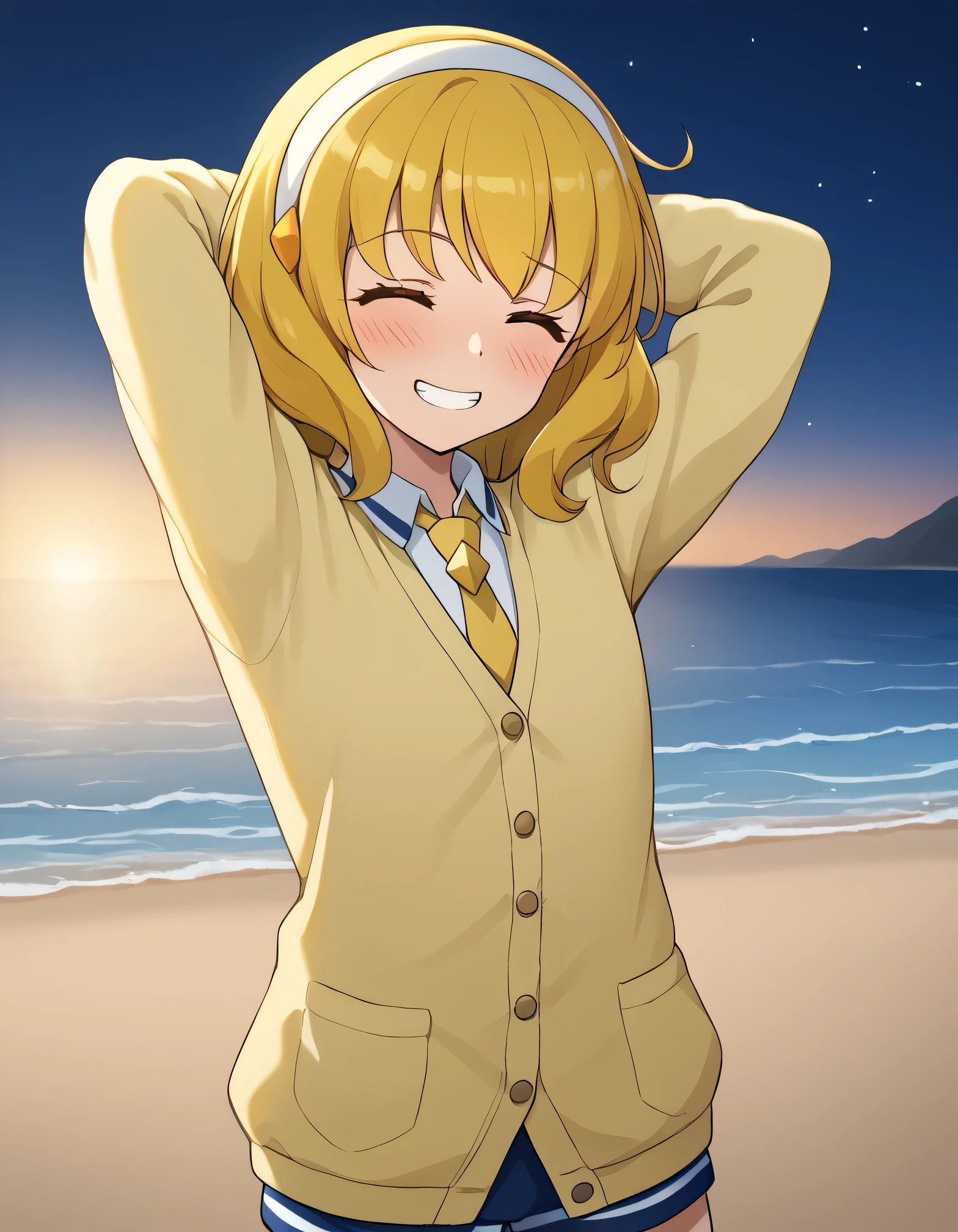 score_9, source_anime, rating_safe BREAK 1girl, solo
kise yayoi, yellow hair, yellow eyes, white hairband, hair ornament, medium hair, nanairogaoka middle , yellow necktie, yellow cardigan, (cowboy shot:1.5), solo, night sky, beach, arms behind head, contrapposto, spread armpits, looking at viewer, best quality, closed eyes, shy, grin, blushing,