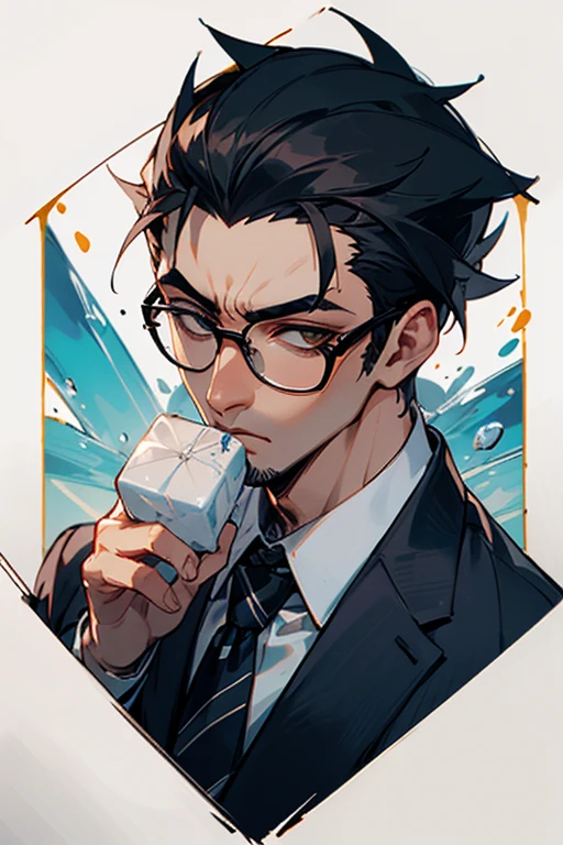 ((melhor qualidade)), ((Obra de arte)), (detalhado), perfect face a man with glasses wearing a suit like Kazuma kiryu while he has an ice cube in his hand