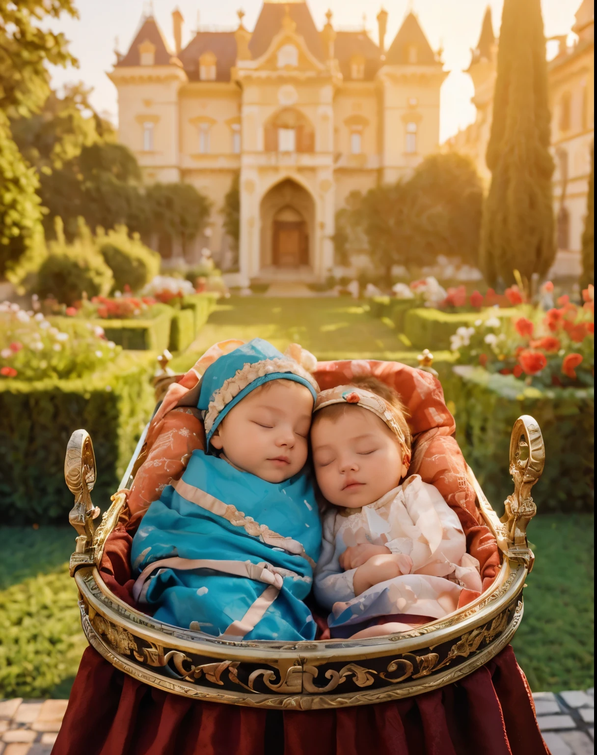 there are two babies sleeping in a basket in front of a castle, portrait shot, anna nikonova, inspired by Anne Geddes, human babies, twins, aleksander rostov, beautiful gemini twins portrait, italian masterpiece, alexey egorov, by László Balogh, in balcony of palace, by Alexander Kucharsky