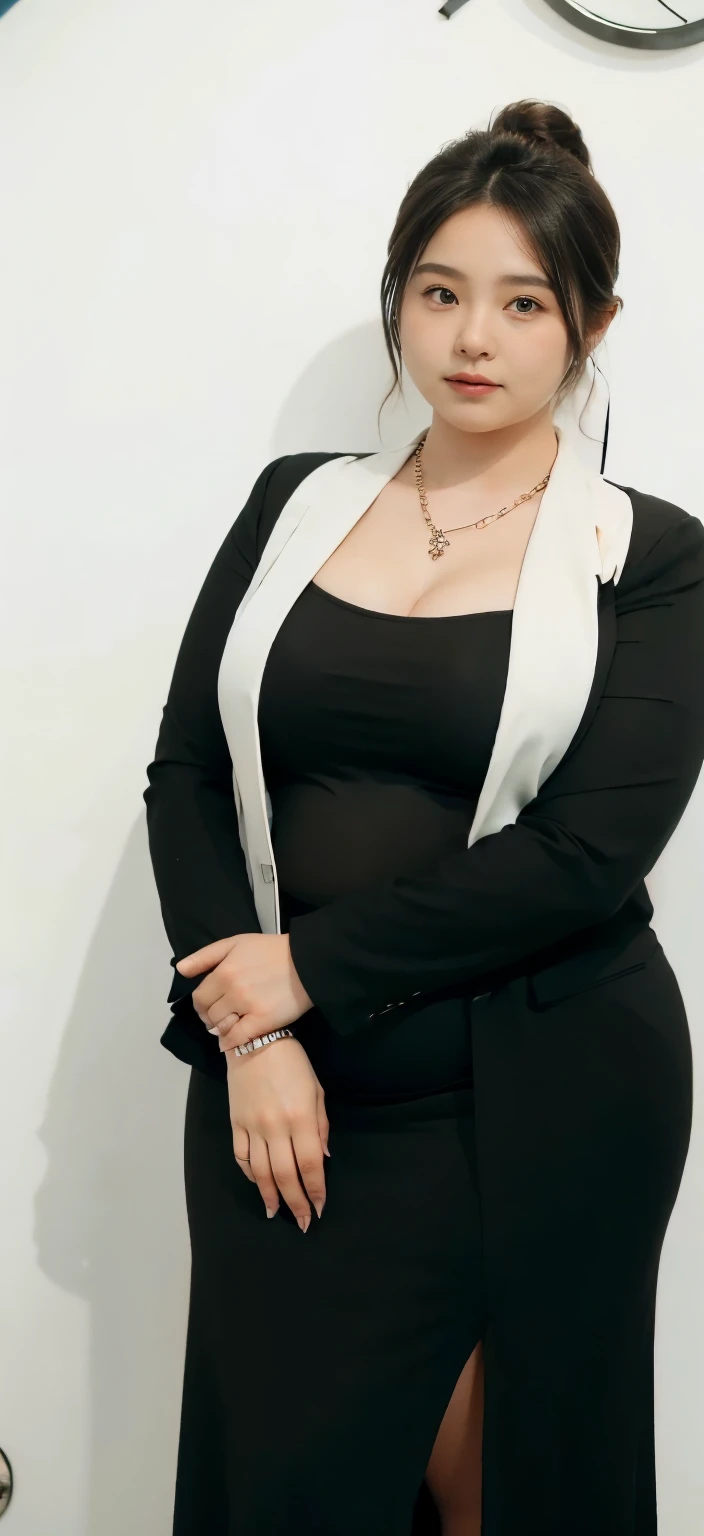 realisitic、Curvaceous woman in long hijab standing alone, Woman in black business suit with hijab, with a business suit on, businesswoman, Woman in business suit with hijab , Wearing a white collar shirt under a suit、thick skirt、tight skirts、Girl in a suit, female in tight office dress, , Girl in suit, young business woman, in a business suit, business outfit, Wear a suit、Office Suits、、professional photograpy、Does not expose the skin, Japanese Models,、,The skin is not exposed、fleshy body, large boob、 hard 、、big butts、Big belly、thick waist、Body without tone、thick thight、thick arms、Round face、Fat face、chubby cheeks、Sauce order、big eye、A dark-haired、short-haired、Standing facing the front、Left hand pose on the hip、Right hand is down in a pose、Straight back posture、Sun background、chinese-Indonesian woman , full body , bracelet , necklace , , short hairstyle , fat belly , thick hips , dark room , baby face , chubby cheeks , black room , wearing sneakers