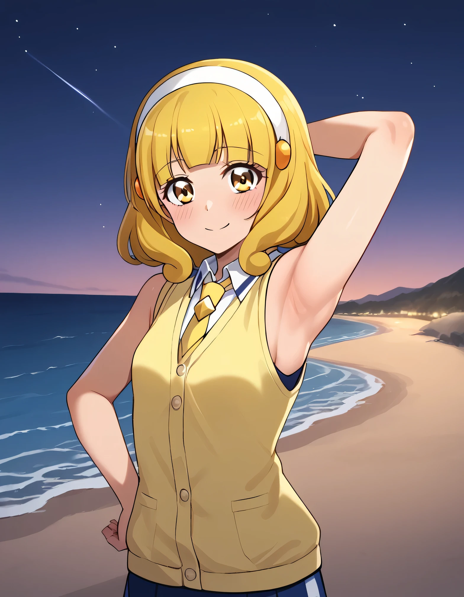 score_9, source_anime, rating_safe BREAK 1girl, solo
kise yayoi, yellow hair, yellow eyes, white hairband, hair ornament, medium hair, nanairogaoka middle , yellow necktie, yellow cardigan, sleeveless, (cowboy shot:1.5), solo, night sky, beach, arm behind head, hand on hip, contrapposto, spread armpits, looking at viewer, best quality, closed mouth, shy, presenting armpit, blushing, smile