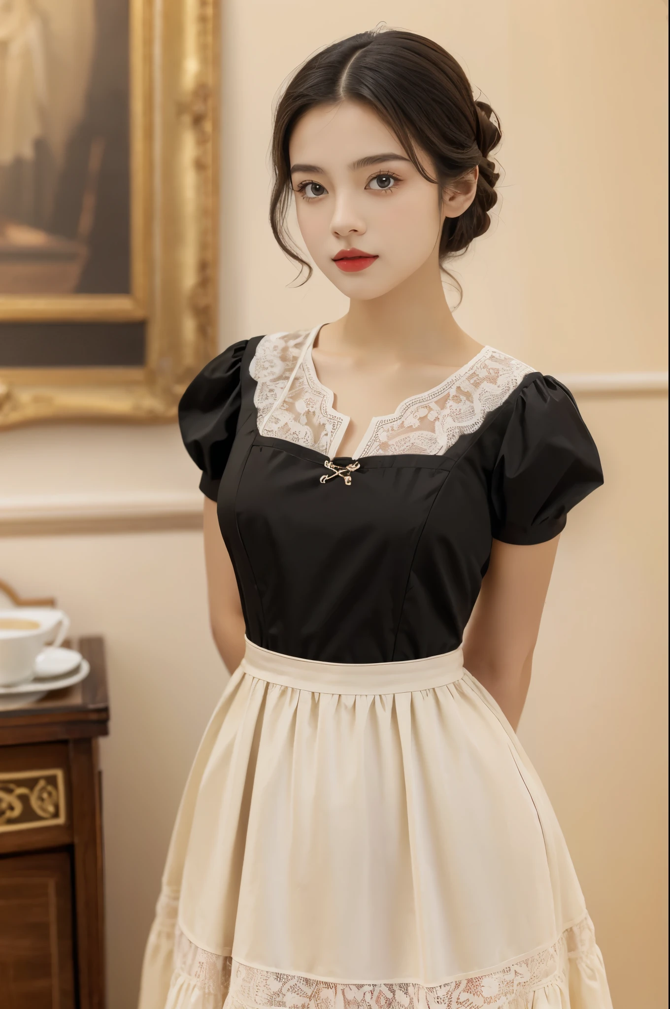 masterpiece, best quality, highres, French Maid (Early 20th Century): A (cute young girl:1.1), light skin, , wearing a short, black (maid dress1.2) with white lace trime, cafe, arms behind back,slim,flat chests