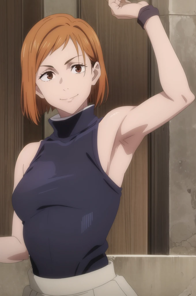 (masterpiece), (best quality), (ultra-detailed), (best illustration), (best shadow), (absurdres), short hair, orange hair, ((brown eyes)), kugisaki nobara, 1girl, solo, bangs, wearing black crotop, turtleneck, sleeveless, smile, looking at viewer, upper body, armpits, armpits visible,