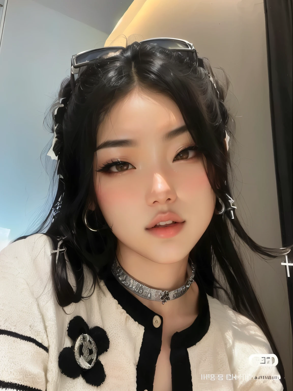 un primer plano de una mujer con un collar y gafas de sol, cruel korean gothic girl, ulzzang, maquillaje popular de corea del sur, muchacha coreana, Maquillaje coreano popular, rasgos de la cara coreana, hermosa mujer surcoreana, pale korean adorable face, xisionwu, hermosa joven coreana, Asian girl, joven y adorable rostro coreano, asian guy, hermosa joven coreana