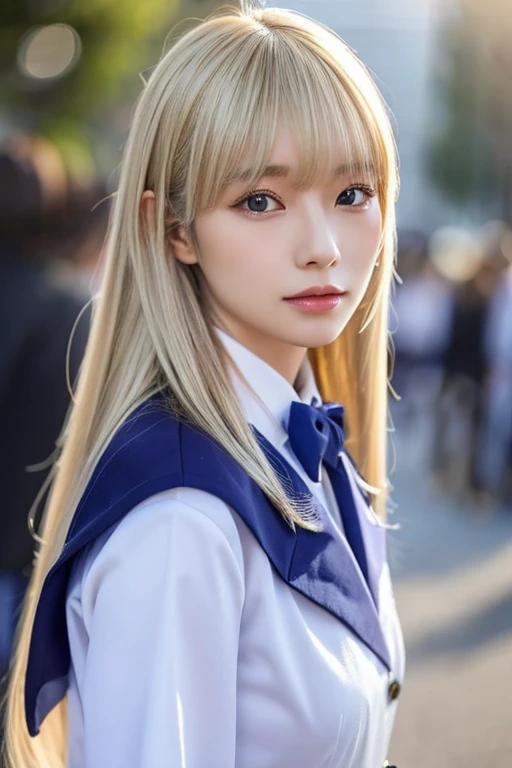 1 female、Hair color is blonde、Long hair、the eyes are blue、A slender、Mature atmosphere、smaller face、With bangs、Uniforms、Beautiful、Adults、A sexy、Have sex appeal、seductiv、Small devil