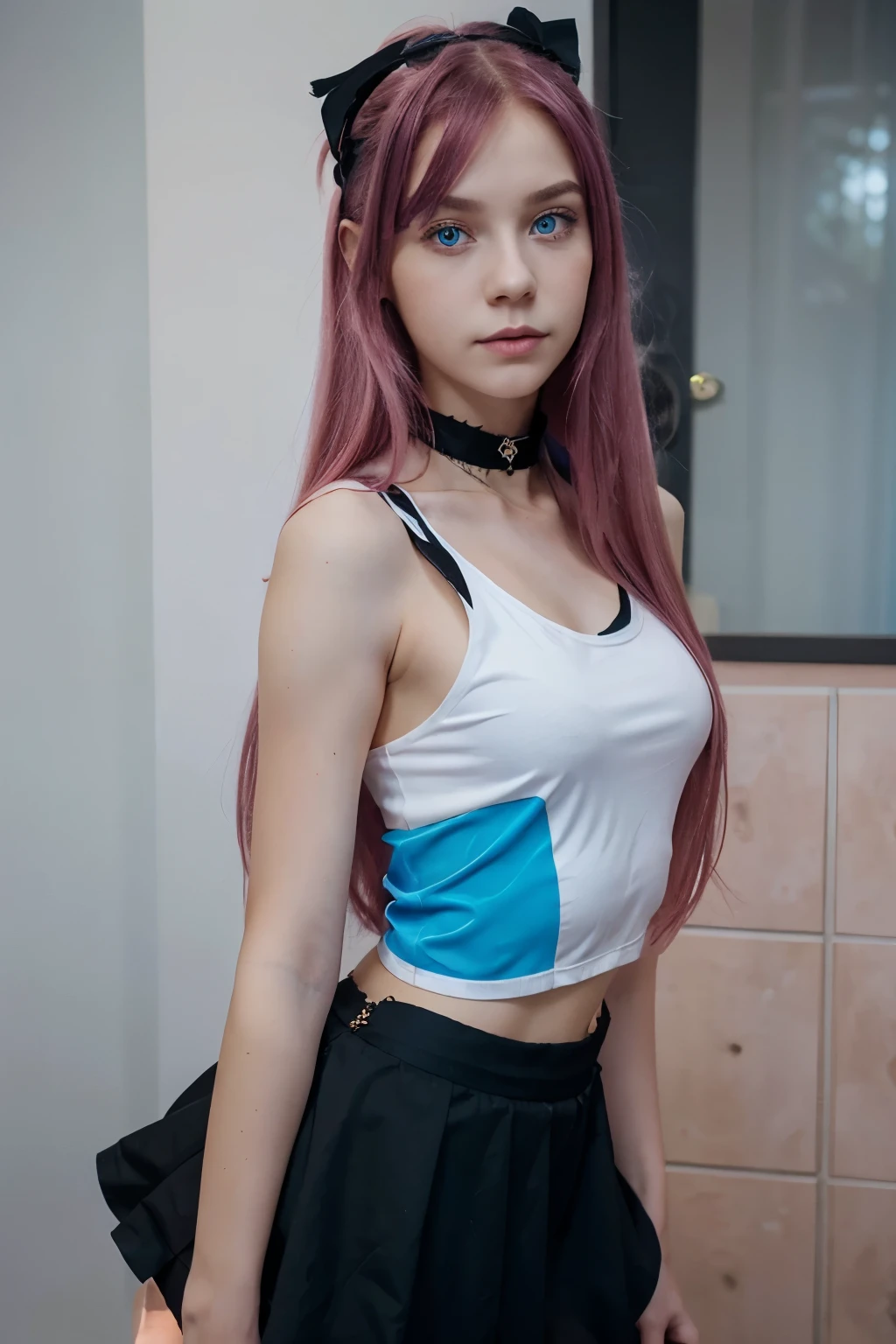 19 year old Russian girl very long dark pink hair blue eyes white sleeveless shirt short black skirt and black choker with a star in the middle pink hair and blue eyes