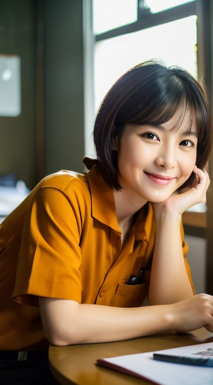 (8K, RAW photo, best quality, resolution: 1.2), (actual, photorealism: 1.5), 1. Female, ((35 years old)), Taiwanese, alone,smile, beautiful woman sitting at desk , ((return)), ((return to camera)), ((brown shirt)), ((black short hair)), detailed subject, cute and very detailed, ((day room)), ((bright) ), (cool lights)