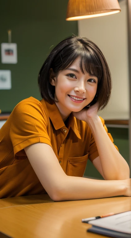 (8K, RAW photo, best quality, resolution: 1.2), (actual, photorealism: 1.5), 1. Female, ((35 years old)), Taiwanese, alone,smile, beautiful woman sitting at desk , ((return)), ((return to camera)), ((brown shirt)), ((black short hair)), detailed subject, cute and very detailed, ((day room)), ((bright) ), (cool lights)