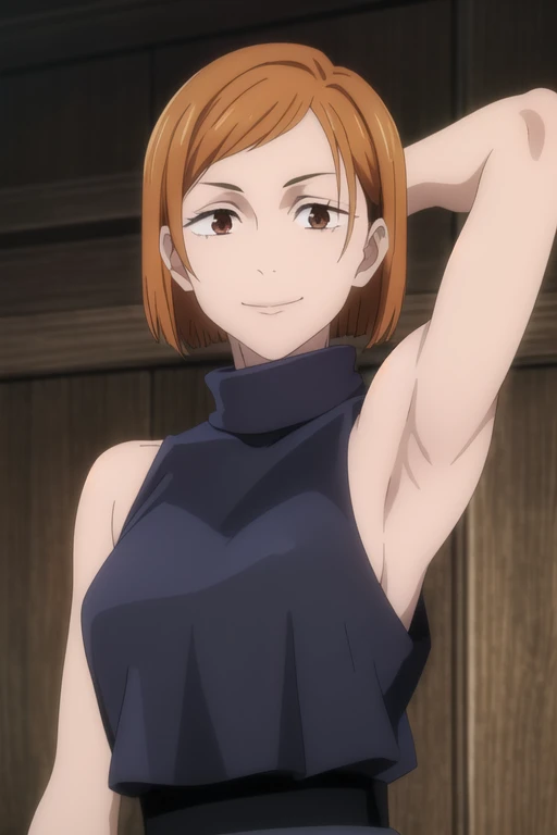 (masterpiece), (best quality), (ultra-detailed), (best illustration), (best shadow), (absurdres), short hair, orange hair, ((brown eyes)), kugisaki nobara, 1girl, solo, bangs, wearing black crotop, turtleneck, sleeveless, smile, looking at viewer, upper body, armpits, armpits visible,