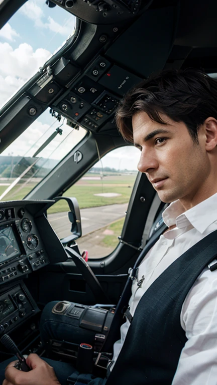 Man as a pilot at the helicopter cockpit