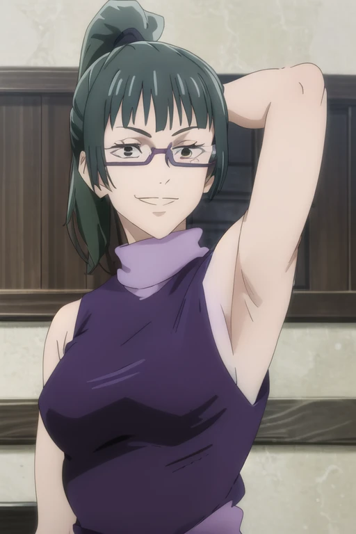 (masterpiece), (best quality), (ultra-detailed), (best illustration), (best shadow), (absurdres), ponytail hair, green hair, ((brown eyes)), maki zenin, 1girl, solo, bangs, wearing purple crotop, turtleneck, sleeveless, smile, looking at viewer, upper body, armpits, armpits visible, wearing purple glasses