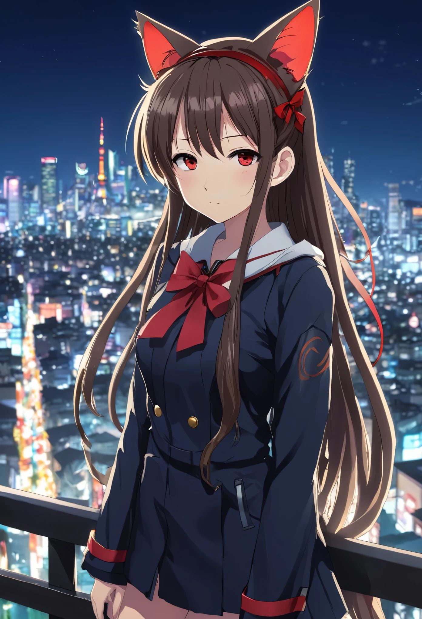 （（best qualtiy，8K））Anime girl with long hair and cat ears standing in front of the city，Rin Tosaka，anime moe art style，style of anime，Such as Fate/stay night，long hair anime girl，Very cute anime girl face，Night core，From the front line of girls，cute anime girl portraits，Anime girl with cat ears，High Quality Anime Art Style， "Beautiful anime woman"，A small red ribbon on the head，With a shy blush on his face，Shy-eyed