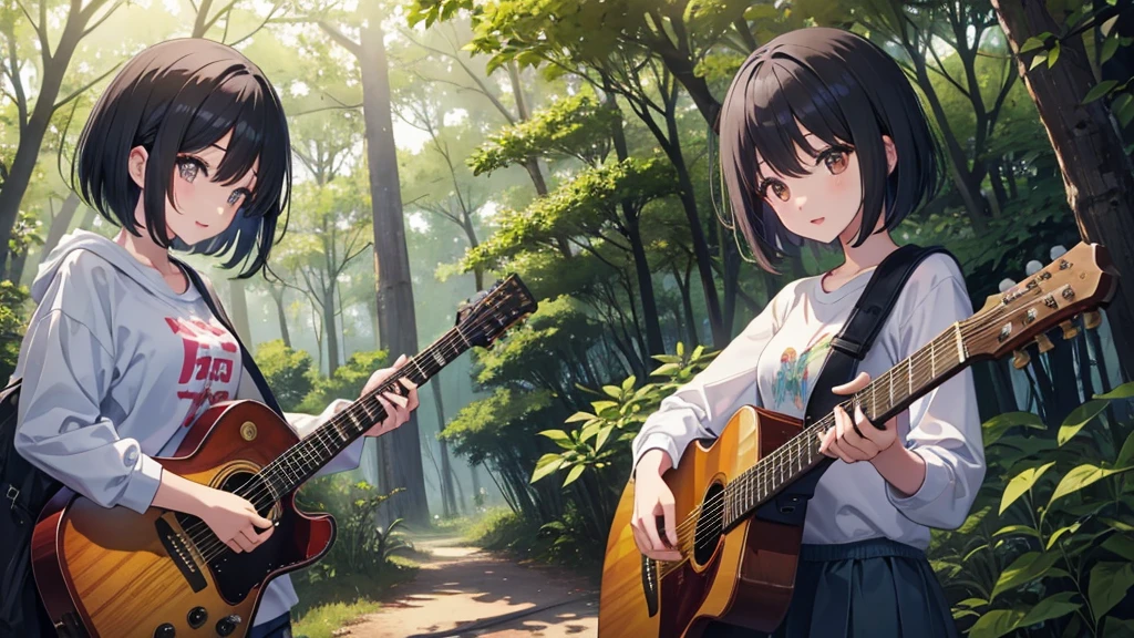 Black Hair、Bob Hair、pretty girl、in the forest、Playing guitar、Happy、