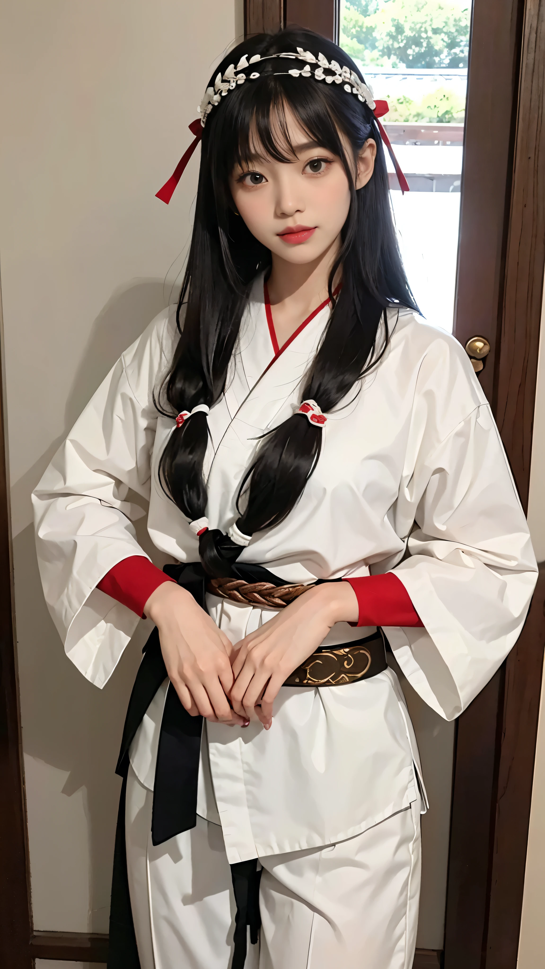 Depicting a lonely Ainu girl in traditional clothing、A masterpiece of exquisite craftsmanship。Her long black hair is elegantly tied with a red hair ribbon.、A girl wearing an intricately carved headband、Running towards the viewer with a light smile on his lips。Fingerless gloves on her thin arms、Revealing the short sleeves of his shirt、A belt is tied around the waist。Bangs fall gracefully over the forehead、She is wearing fresh and clean white pants.、It's a typical Japanese outfit。Fascinating images that capture the essence of Ain