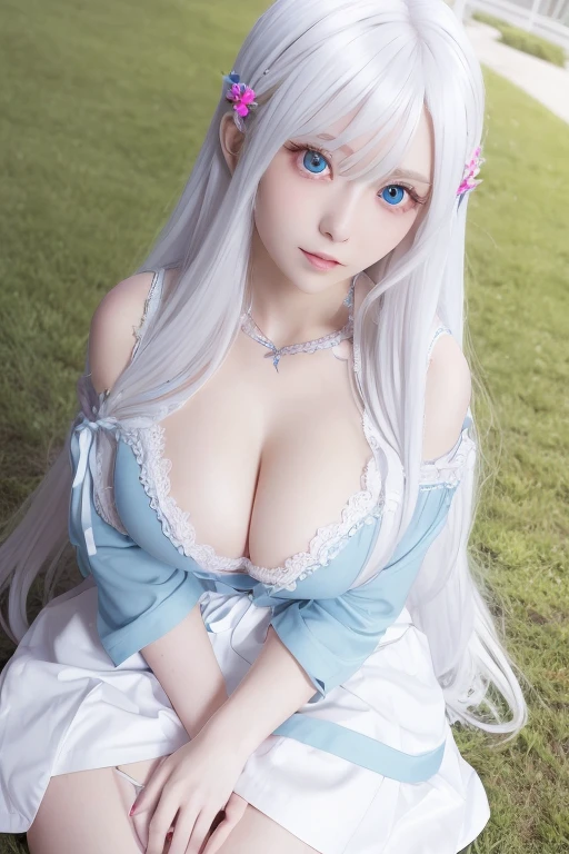 Long white hair that hangs softly on her chest, colorful eyes, big breasts, and a white short skirt. Her eyes are flowing and cold as she looks at the camera. The beautiful school beauty sparkles with half her body and a perfect girl group face. There are blue flowers and blue sky in the background.