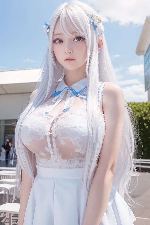 Long white hair that hangs softly on her chest, colorful eyes, big breasts, and a white short skirt. Her eyes are flowing and cold as she looks at the camera. The beautiful school beauty sparkles with half her body and a perfect girl group face. There are blue flowers and blue sky in the background.