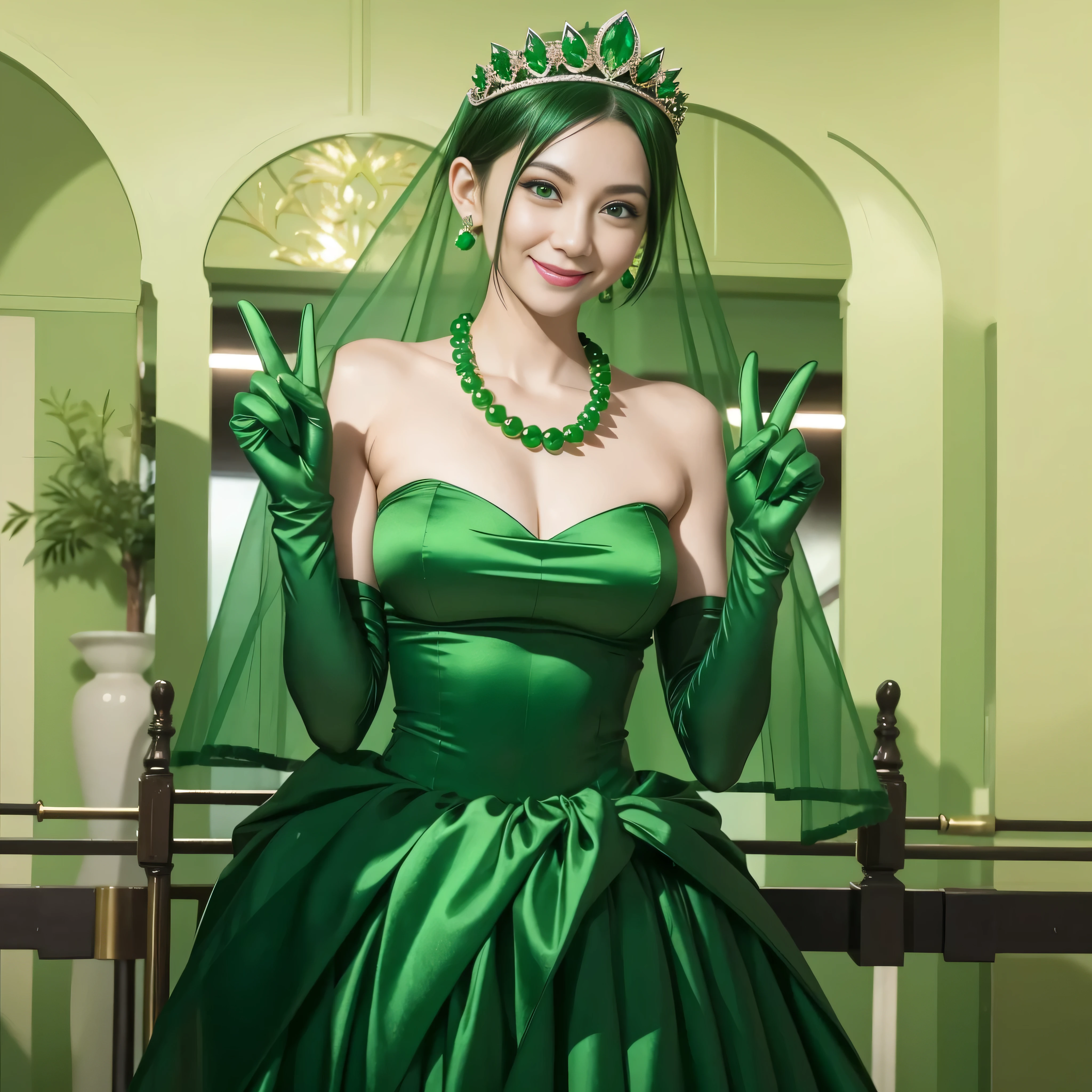 Emerald tiara, Green Pearl Necklace, Boyish very short green hair, lipstick, Smiling Japanese woman, Very short hair, Big and beautiful, Green Eyes, Long green satin gloves, Green Eyes, V sign, Emerald Earrings, Green veil, peace sign
