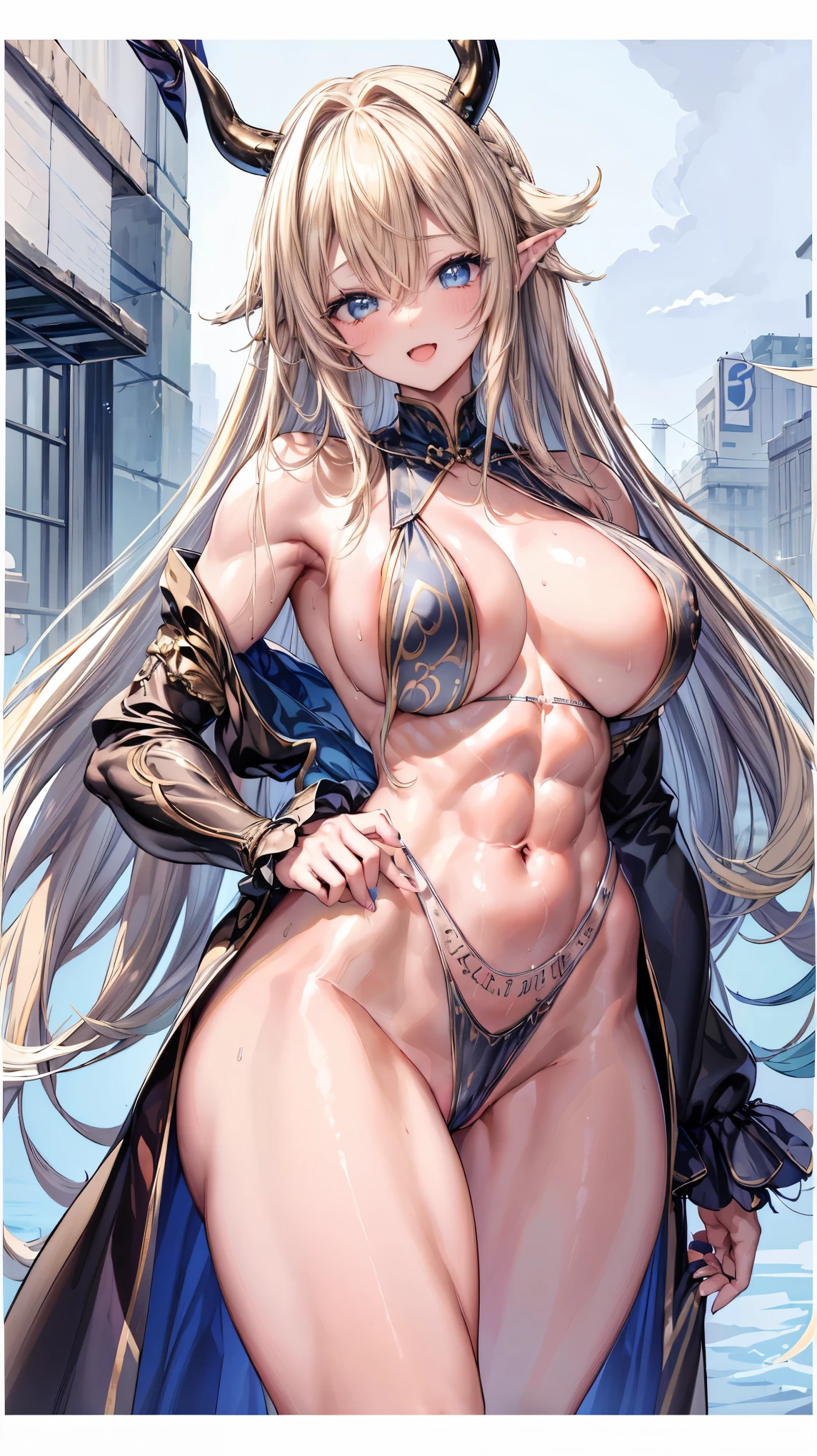 Very detailed、highest quality、Best image quality、masterpiece、8k、Sparkling Blue Eyes、Anime Face、A kind smile、Open Mouth、(Blonde waist-length hair:1.2)、(SFW Giant)、Cowboy Shot、(Thong:1.5)、(Muscles of the whole body)、Horn、(topless:1.5)