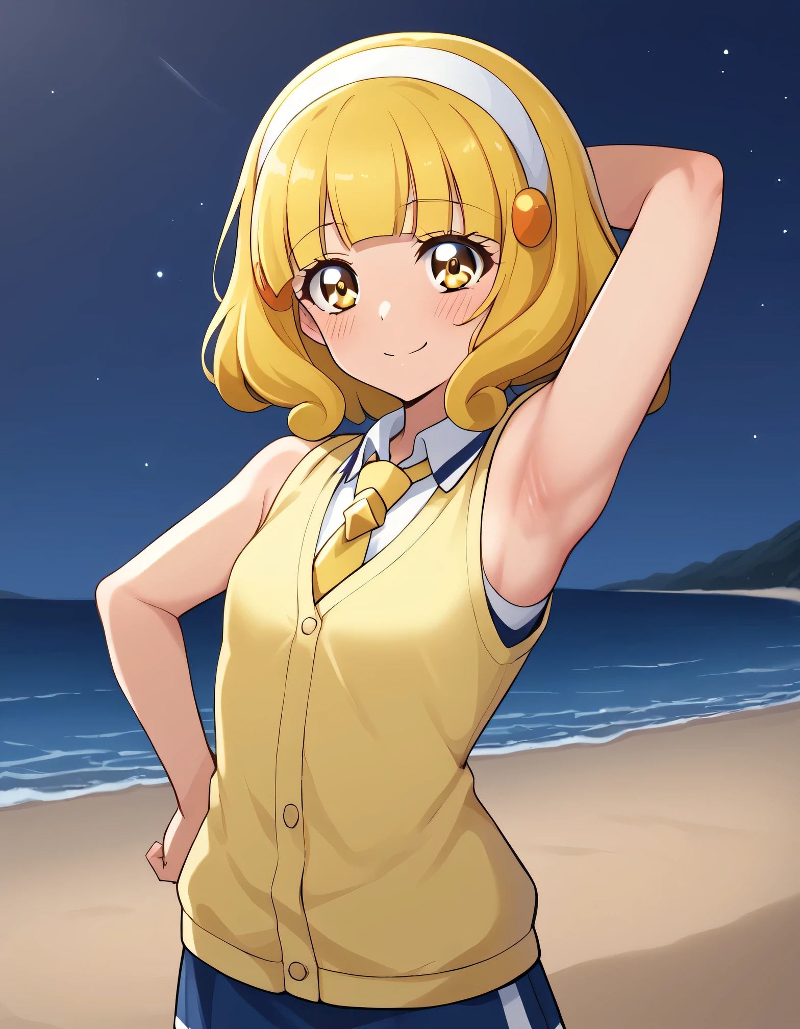 score_9, source_anime, rating_safe BREAK 1girl, solo
kise yayoi, yellow hair, yellow eyes, white hairband, hair ornament, medium hair, nanairogaoka middle , yellow necktie, yellow cardigan, sleeveless, (cowboy shot:1.5), solo, night sky, beach, arm behind head, hand on hip, contrapposto, spread armpits, looking at viewer, best quality, closed mouth, shy, presenting armpit, blushing, smile