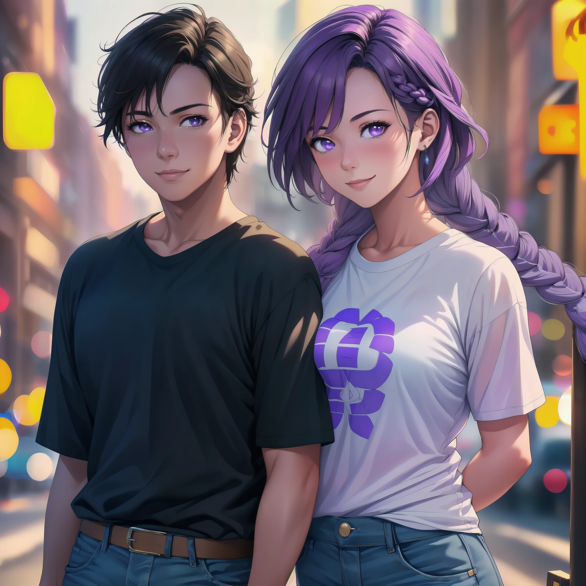 young couple(1 male, 1 woman with purple and white gradient double braids) ,fashion,clear,enhanced details,T-shirt,jeans,smiling,street,sunshine,(best quality,4k,8k,highres,masterpiece:1.2),ultra-detailed,(realistic,photorealistic,photo-realistic:1.37),HDR,UHD,studio lighting,ultra-fine painting,sharp focus,physically-based rendering,extreme detail description,professional,vivid colors,bokeh,portraits