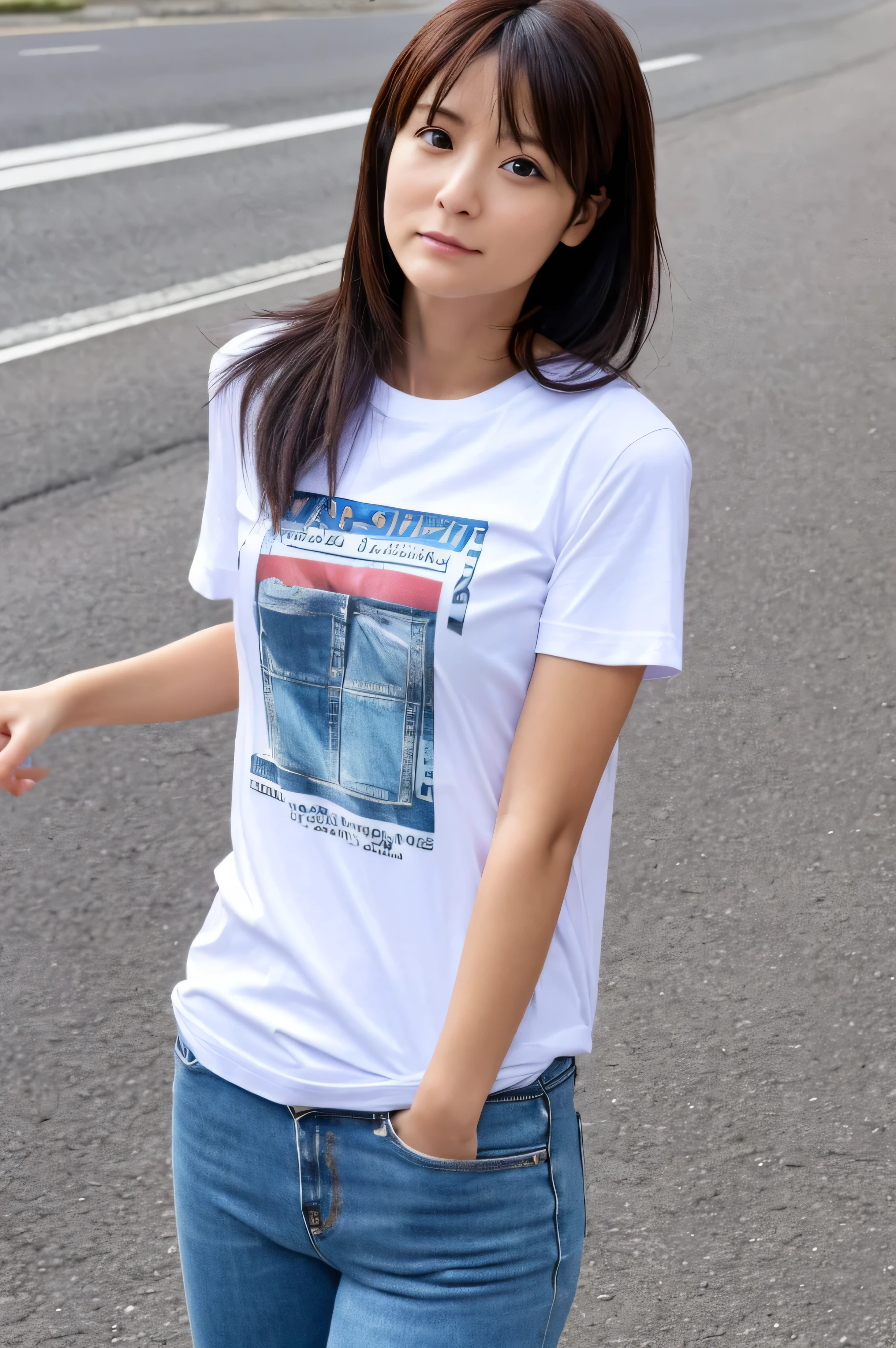 (Highly realistic photos, High resolution, Detailed face, Fine grain) Skinny Japanese woman, 40 years old, 1 girl, Cute Face, Mr.々Hair style, A slightly surprised look、A slightly surprised look、Thin body type, Very small breasts, Very small waist, A neat and clean woman, ((T-Shirts:1.5))、jeans, Casual clothing, on the road, Full body photo
