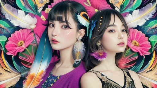 2People Girls,Moyou,(masterpiece, highest quality, highest quality, Official Art, beautifully、aesthetic:1.2),(2People Girls:1.3),Very detailed,(Fractal Art:1.1),(colorful:1.1)(Flowers:1.3),Most detailed,(Zentangle:1.2),(Dynamic pose),(Abstract background:1.3),(Many colors:1.4),(Earrings),(feather:1.5).,Bangs hairstyle,