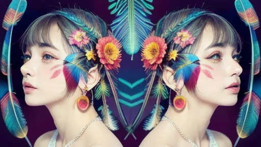 ２People Girls,Moyou,(masterpiece, highest quality, highest quality, Official Art, beautifully、aesthetic:1.2),(２People Girls:1.3),Very detailed,(Fractal Art:1.1),(colorful:1.1)(Flowers:1.3),Most detailed,(Zentangle:1.2),(Dynamic pose),(Abstract background:1.3),(Many colors:1.4),(Earrings),(feather:1.5).,Bangs hairstyle,