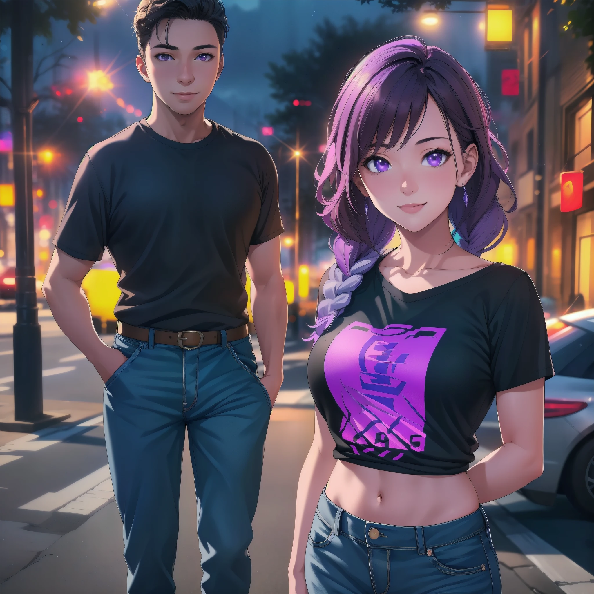 young couple(1 male, 1 woman with purple and white gradient double braids) ,fashion,clear,enhanced details,T-shirt,jeans,smiling,street,sunshine,(best quality,4k,8k,highres,masterpiece:1.2),ultra-detailed,(realistic,photorealistic,photo-realistic:1.37),HDR,UHD,studio lighting,ultra-fine painting,sharp focus,physically-based rendering,extreme detail description,professional,vivid colors,bokeh,portraits