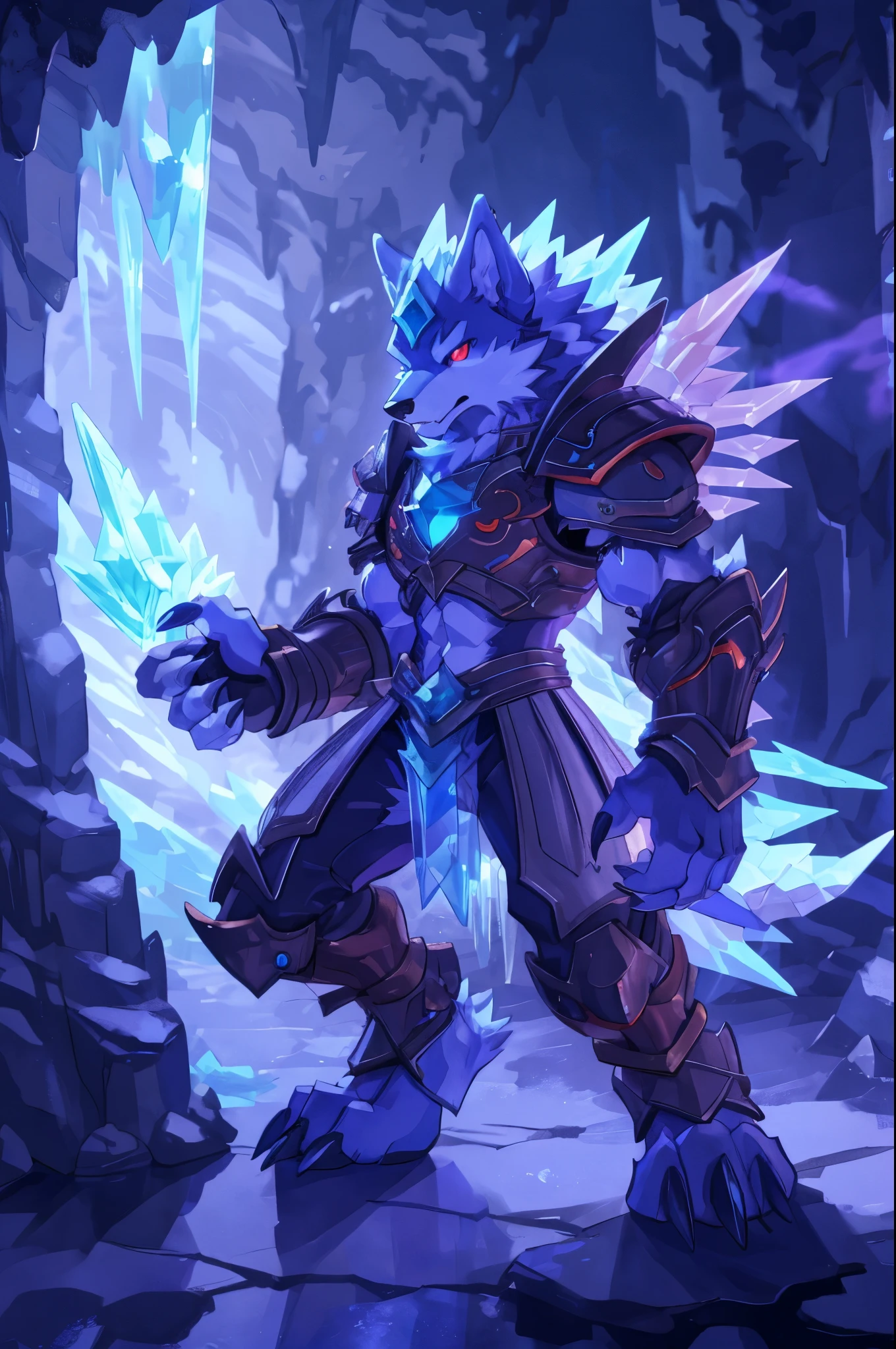 (Complete body, best quality, anime style, 4k) werewolf, red eyes, cyan fur, light blue and pale violet shiny armor, visible ice claws, ice caverns, colorful