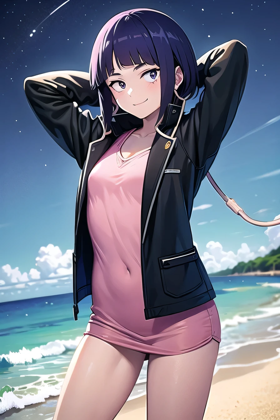 masterpiece, best quality, 1girl, pink shirt, black jacket, jirou, looking at viewer, solo, contrapposto, spread armpit, arms behind head, smile, looking at viewer, (cowboy shot:1.5), closed mouth, night sky, beach, anime coloring, flat chest,