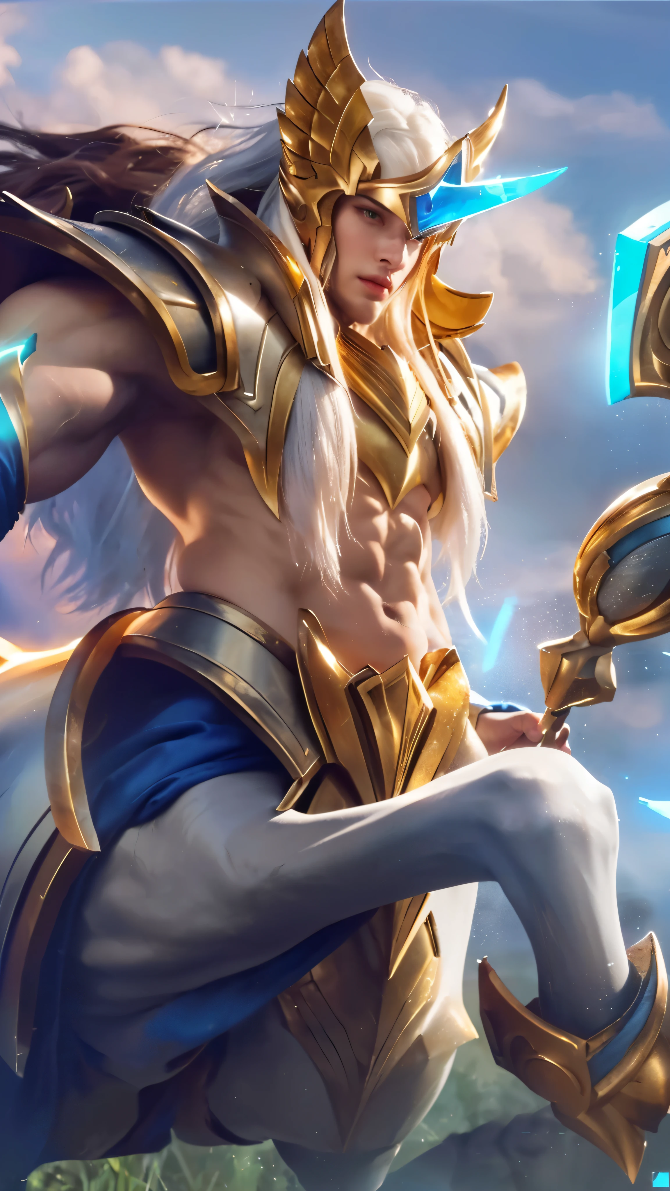 a close up of a man with a spear and armor, legendary centaur holding spear, doing a hot majestic pose, mobile legends, heavy white and golden armor, detailed face, muscular body, intense expression, dramatic lighting, vibrant colors, cinematic composition, photorealistic, fantasy art, digital painting, concept art, heroic, epic, masterpiece, (best quality,4k,8k,highres,masterpiece:1.2),ultra-detailed,(realistic,photorealistic,photo-realistic:1.37)