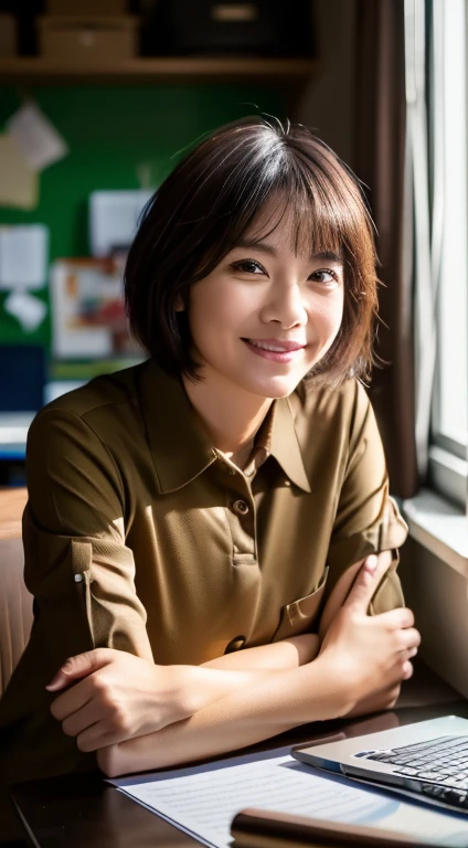 (8K, RAW photo, best quality, resolution: 1.2), (actual, photorealism: 1.5), 1. Female, ((35 years old)), Taiwanese, alone,smile, beautiful woman sitting at desk , ((return)), ((return to camera)), ((dark brown shirt)), ((black short hair)), detailed subject, cute and very detailed, ((day room)), ((bright) ), (cool lights)