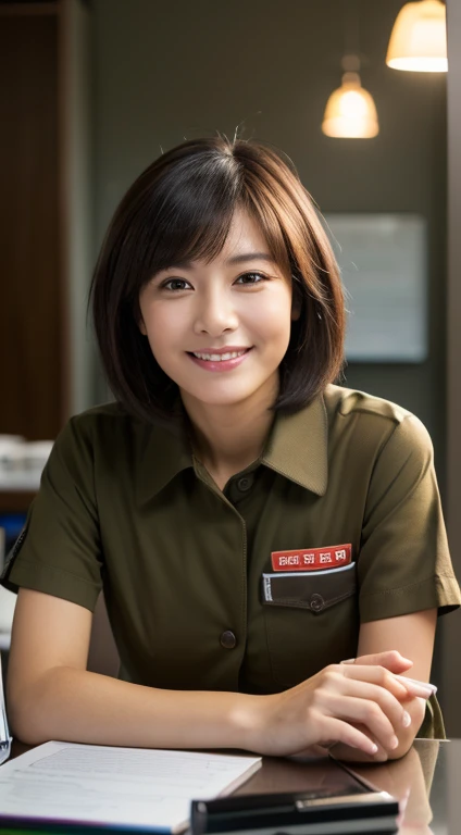 (8K, RAW photo, best quality, resolution: 1.2), (actual, photorealism: 1.5), 1. Female, ((35 years old)), Taiwanese, alone,smile， beautiful woman sitting at desk , ((return)), ((return to camera)), ((dark brown shirt)), ((black short hair)), detailed subject, cute and very detailed, ((day room)), ((bright) ), (cool lights)