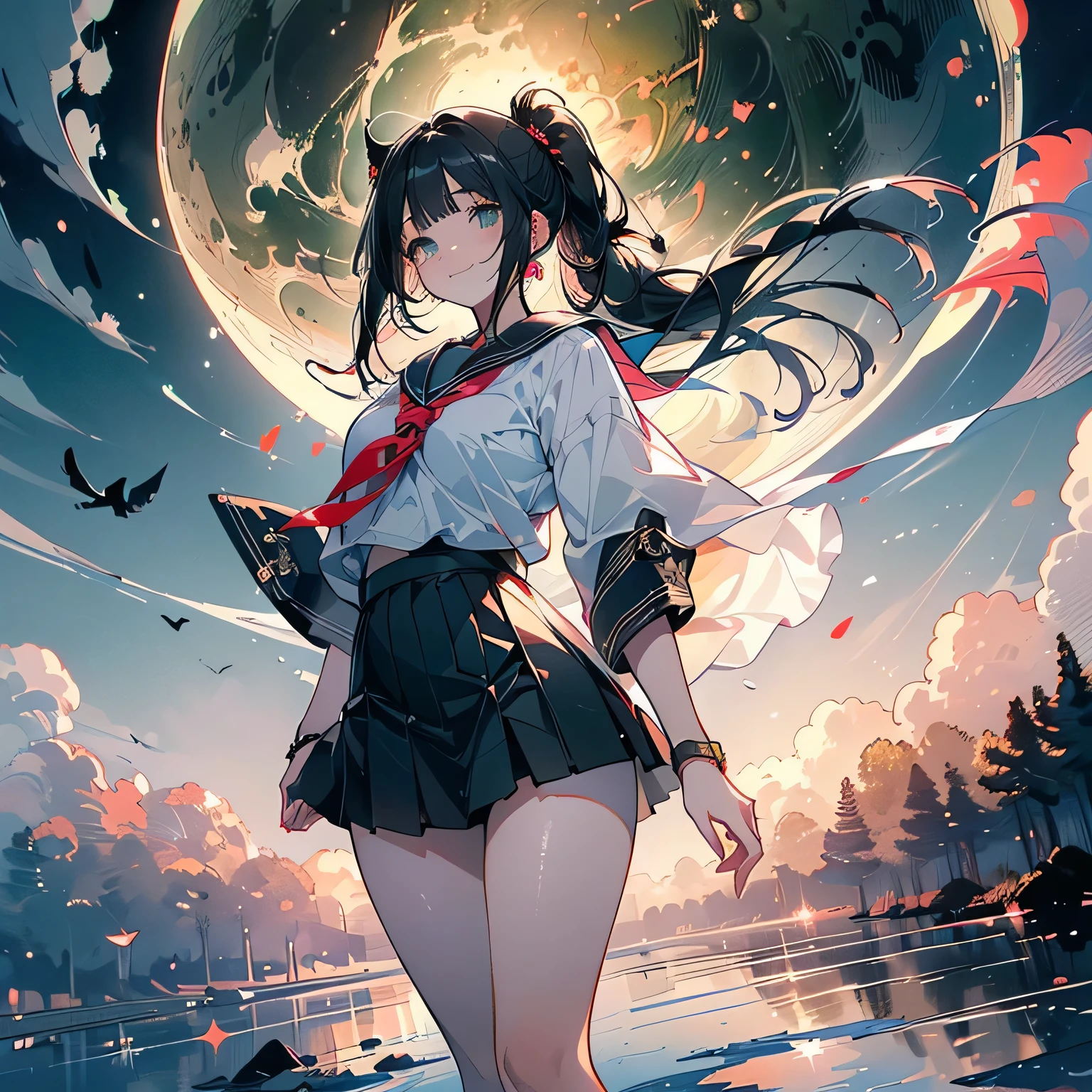 (low angle,from below),((masterpiece, highest resolution,best quality)), (beautiful illustration), ((semi long beautiful black hair,blunt bangs,pony tail,beautiful eyes)),(solo),(Japanese high ,sailor,mini skirt),(looking at the viewer), (walking on the moon),(crater,night sky,moon surface,space craft,green earth),(innocent cute smile), (cinematic lighting),