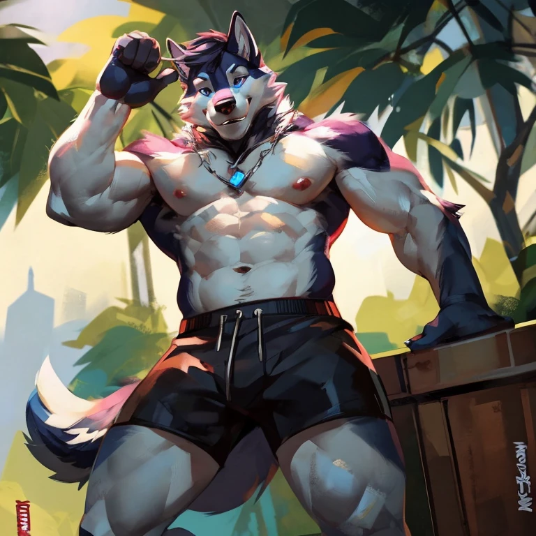 Medium muscular, Husky Wolf, shirtless, in black shorts, By mystikfox61
