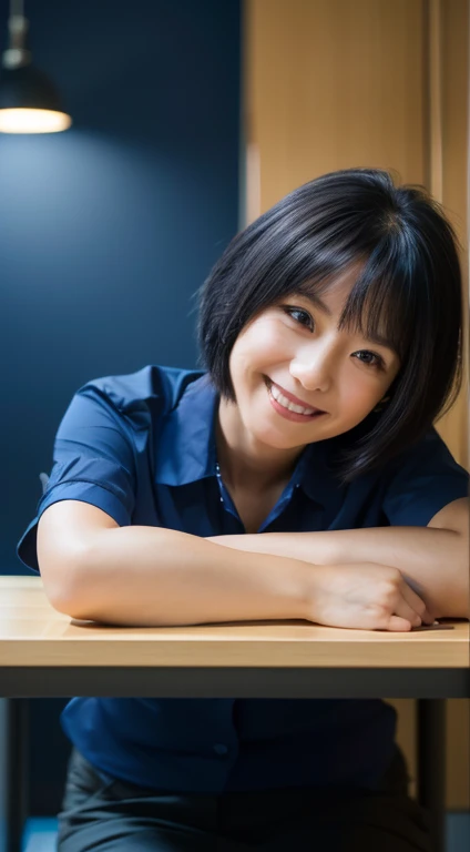 (8K, RAW photo, best quality, resolution: 1.2), (actual, photorealism: 1.5), 1. Female, ((35 years old)), Taiwanese, alone,smile， beautiful woman sitting at desk , ((return)), ((return to camera)), ((dark blue shirt)), ((black short hair)), detailed subject, cute and very detailed, ((day room)), ((bright) ), (cool lights)