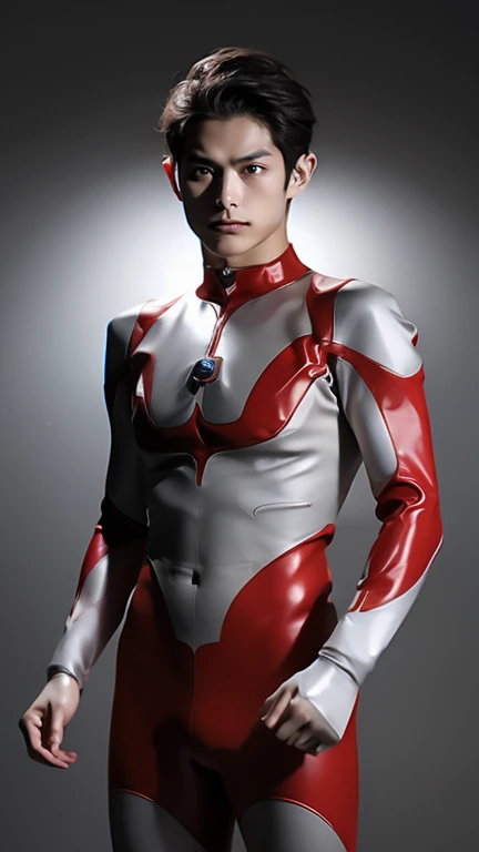 Young beautiful boy, young handsome boy, Ultraman Boy personification, Ultraman-colored latex, Ultraman-colored rubber bodysuit, Ultraman color suit, Ultraman body suit, muscles, abs, mask off Ultraman Boy, Ultraman Boy without mask, Ultraman Boy suit, Ultraman Boy cosplay, Ultraman Boy costume, boy's body, Ultraman Boy with face exposed, Ultraman without mask Boy, Ultraman without mask, medium-length hair, ponytail hair, color timer on chest, energy drain on chest, Ultraman Boy, boy's face, young boy with long hair, Ultraman Boy cosplayer, exposed face, 13 to 15 ye boy's face, high definition, highest quality, best masterpiece, highest clarity, highest resolution, 8K, 16K, 32K, CG art, highest detail, Full body shot, full body view, Belly-baring Ultraman-colored bodysuit, belly-baring Ultraman-colored bodysuit, revealing bodysuit, lewd mark, crotch tattoo, abdominal muscle openwork bodysuit, abdominal muscle visible bodysuit,
