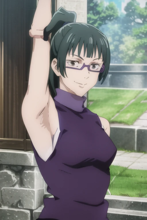 (masterpiece), (best quality), (ultra-detailed), (best illustration), (best shadow), (absurdres), ponytail hair, green hair, ((brown eyes)), maki zenin, 1girl, solo, bangs, wearing purple crotop, turtleneck, sleeveless, smile, looking at viewer, upper body, armpits, armpits visible, wearing purple glasses