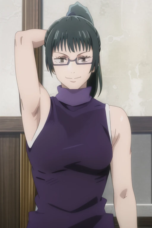(masterpiece), (best quality), (ultra-detailed), (best illustration), (best shadow), (absurdres), ponytail hair, green hair, ((brown eyes)), maki zenin, 1girl, solo, bangs, wearing purple crotop, turtleneck, sleeveless, smile, looking at viewer, upper body, armpits, armpits visible, sweaty armpits, wearing purple glasses